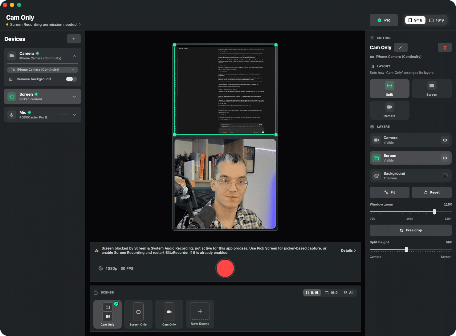 BlitzRecorder recording studio on macOS